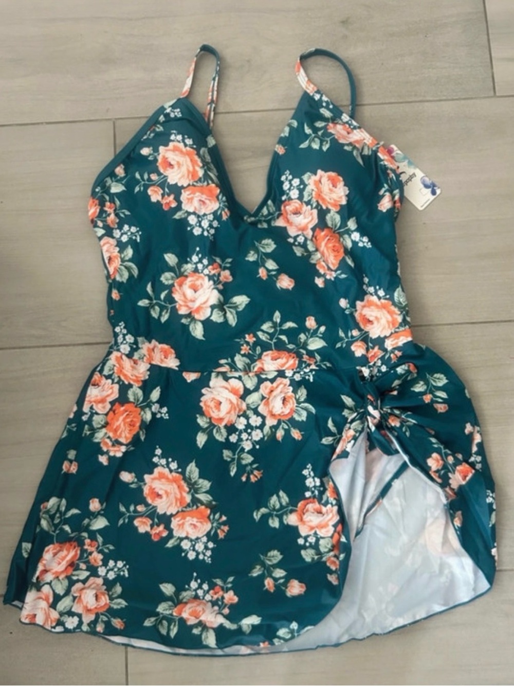 Floral Teal Women’s One-Piece Swimsuit with Skirt attached